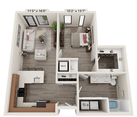 Floor plan for 1 bed, 1 bath, 779 sqft